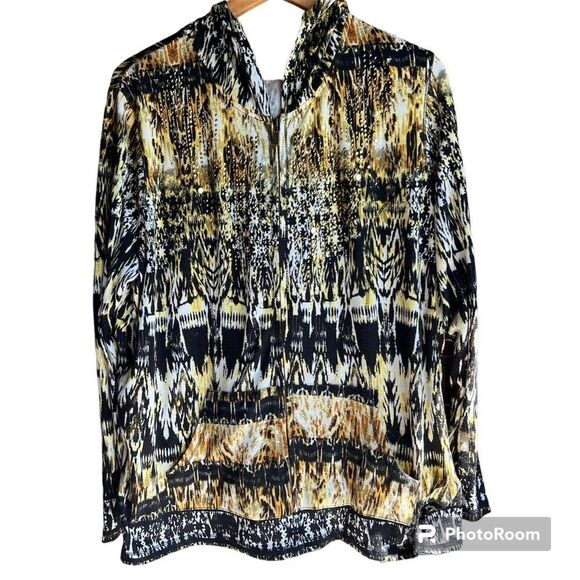 Onque Woman Lightweight Gold Jacket Hoodie 1X Kaleidoscope Full Zip with Pockets - Picture 1 of 10